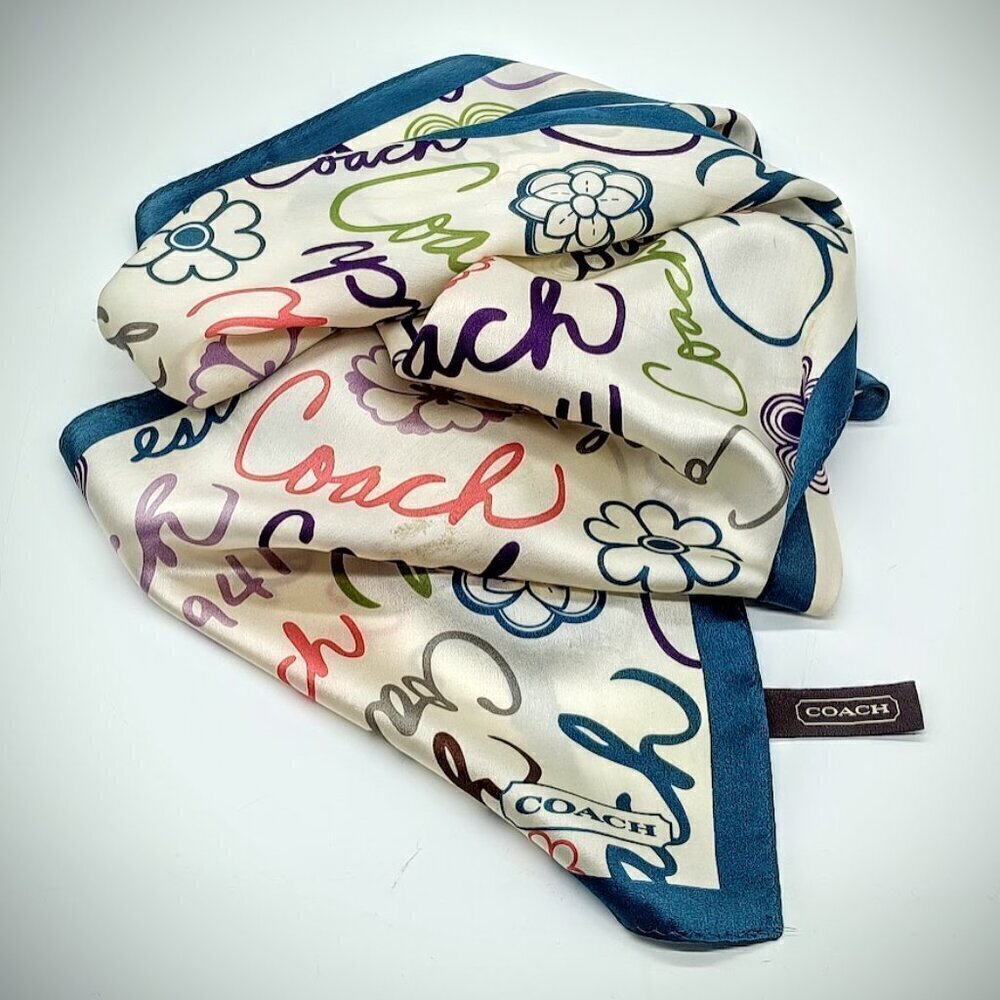 Coach Teal Border Signature Print Silk Oblong Scarf